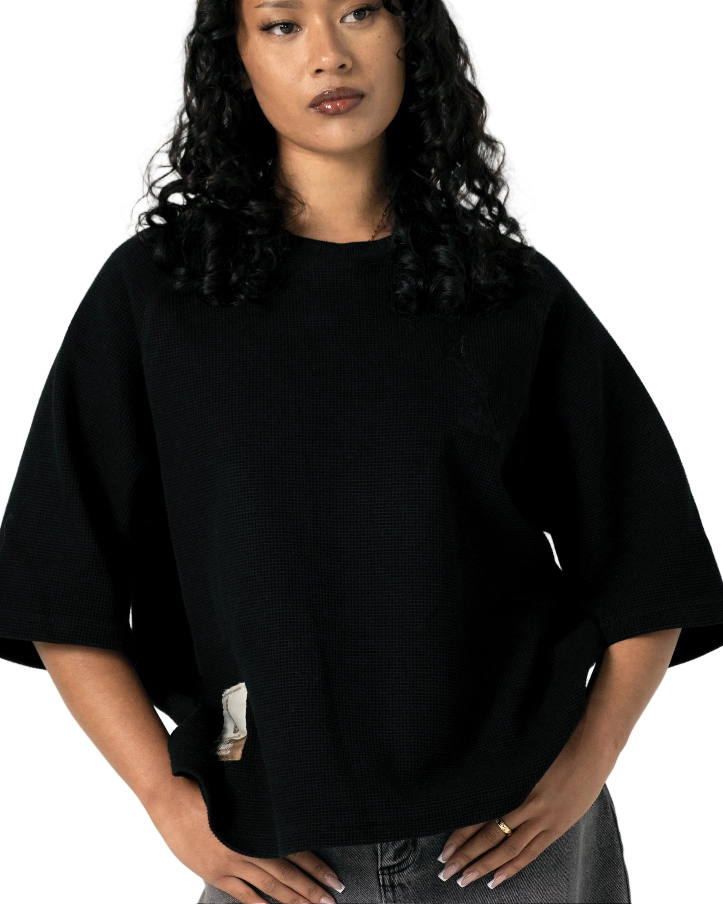 WAFFLE KNIT SS TEE - TRIPLE BLACK