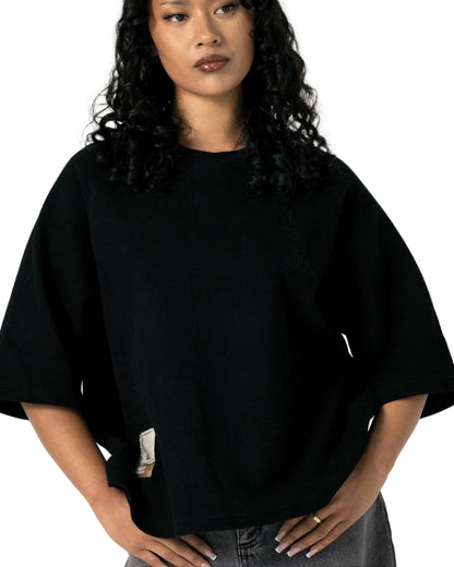 WAFFLE KNIT SS TEE - TRIPLE BLACK