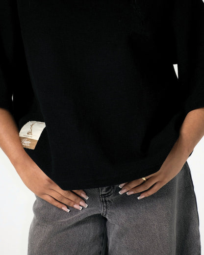 WAFFLE KNIT SS TEE - TRIPLE BLACK